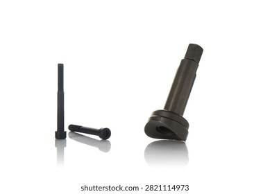Studio three quarter perspective view of scooter kickstarter ratchet shaft gear set featuring hardened black oxide steel construction, hex head cap bolts, machined metal surface, soft reflection, and clean composition on isolated white background showcasing engine hardware.
