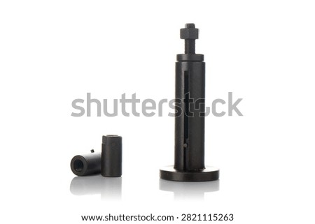 Studio three quarter perspective view of specialty flywheel puller tool kit featuring black oxide hardened steel body, threaded adapters, inner extractor bolt, soft bottom reflection, and clean light on isolated white background for scooter engine repair.