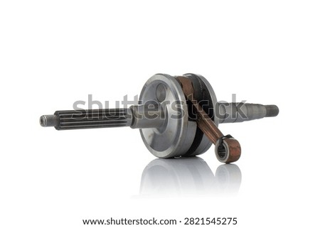 Studio three quarter view of heavy duty motorcycle crankshaft assembly featuring forged steel counterweights, copper bronze connecting rod, splined drive shaft, polished journals, soft bottom mirror reflection, isolated on white background for engine overhaul.