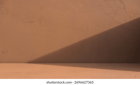 Studio wall background and empty shadow light brown beige floor shelf well design podium stand display product advertising shelf backdrop space for text 