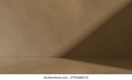 Studio wall background and empty shadow light brown beige floor shelf well design podium stand display product advertising shelf backdrop space for text 