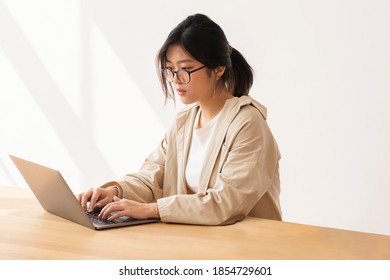 Studious Asian woman working at home using a laptop