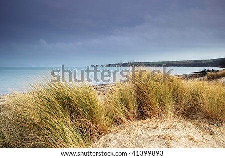 Studland Beach and Old Harry Rocks, Dorset (UK) on a cold day in winter.