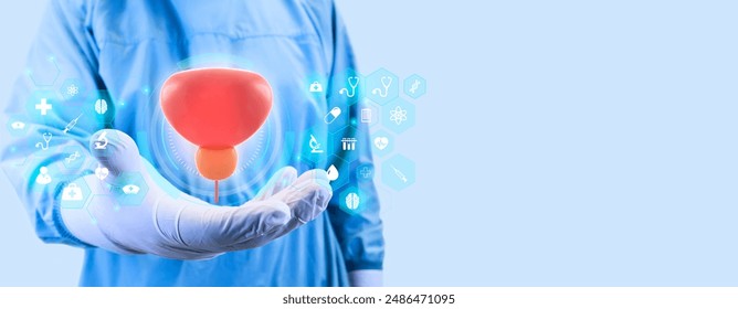 Study and analysis of the prostate. Concept of technological development in urology. The Doctor analyzes the bladder and prostate. Light blue background with medicine icons - Powered by Shutterstock - Get 15% off with code: PIKWIZARD15