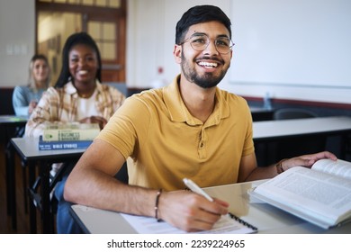 Study, classroom and students with education, learning and knowledge for exam, test and assessment in language writing. Books, notebook and happy university student with smile for diversity in class