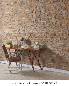 Study Desk Behind Natural Brick Wall Empty Frame And Masculine Furniture With Hard Wood Floor