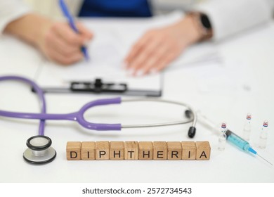 The study of diphtheria involves using a stethoscope, syringes, and detailed medical notes for healthcare professionals