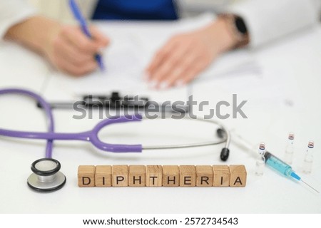 The study of diphtheria involves using a stethoscope, syringes, and detailed medical notes for healthcare professionals