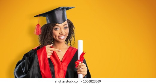 Study, Education, University, College, Graduate Concept On Yellow Banner. Happy And Excited Portrait Of Young Blond Student Girl In Hat Of Graduation Isolated