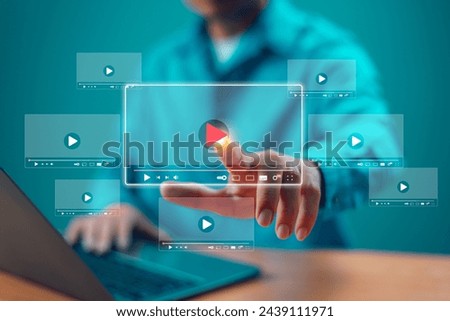 Study E-learning, graduate certificate program concept. Teacher training online education academy. Internet course degree, knowledge creative idea solution. Man computer webinar play virtual screen