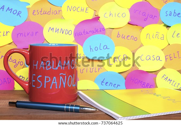 Study French\
concept, a mug with written words Speak Spanish, notebook, pen and\
notes with common spanish\
words.