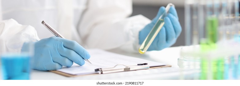 Study Of Fuel In Vitro By Scientist In Laboratory. Exploration Of Poisonous And Toxic Liquids Concept