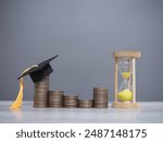 Study goals, Hourglass and stack of coins with graduation hat. The concept of saving money for education, student loan, scholarship, tuition fees