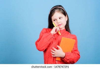 Study And Learn. Poetry Author. Girl Hold Book Blue Background. Kid Writing Book. Book Concept. Development And Education. Homework Exercise. Write Composition. Literature Club. Personal Diary.