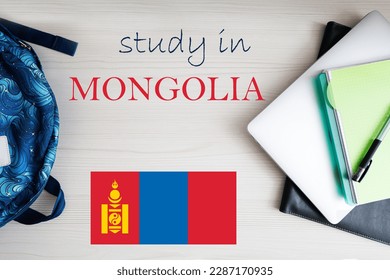 Study in Mongolia. Background with notepad, laptop and backpack. Education concept.
