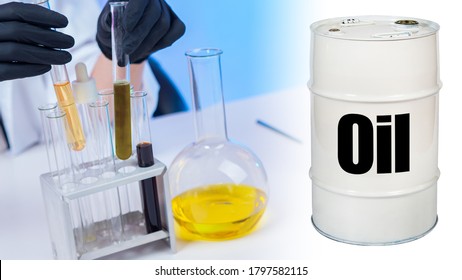 Study Of Oil Products. Inscription Oil On A Barrel Of Oil. Lab Technician Holds Test Tubes. Scientific Research Of Hydrocarbons. Checking Quality Of Petroleum. Lab Assistant In Gloves Holds Gasoline