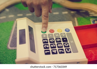 Study and Play. Closeup on school calculator classroom abstract educational background. Youth happiness and learning mathematical numbers on buttons. Training brainstorming