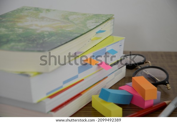 Study,\
reference books, workbooks, libraries,\
glasses