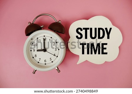 Study Time text on speech bubble with alarm clock on pink background
