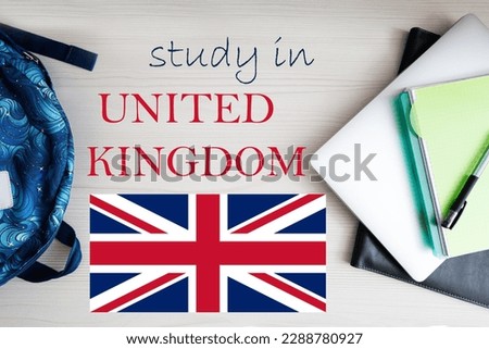 Study in United Kingdom. Background with notepad, laptop and backpack. Education concept.