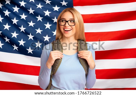 Study In USA. Portrait Of Happy Teen Girl With Backpack Over American Flag Background, Creative Collage With Free Space
