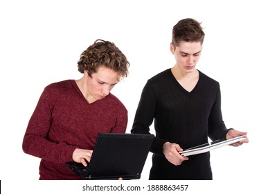 Study and work. Two young attractive students with laptops. White background.