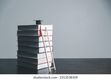 A studying climbing up to the book stack. A concept of education process. Copy space for text. Distance education, e-learning concept. scale that reaches knowledge and freedom. - Shutterstock ID 2313538109