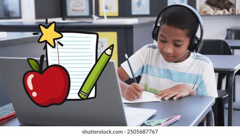 Studying at desk, child wearing headphones with school supplies image over scene. education, online learning, e-learning, technology, virtual learning, students - Powered by Shutterstock