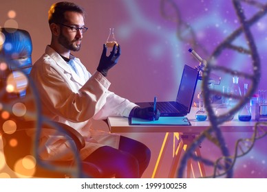 Studying Genetic Mutation. Male Laboratory Assistant Near DNA Helix. Work Genetic Mutation. Geneticist With Test Tube Writes Down Results Of Research. Human Genome Chains Near Scientist. DNA Testing