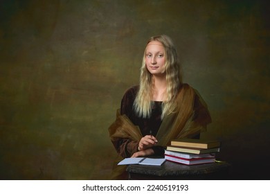 Studying. Portrait of young girl as Mona Lisa picture posing over dark vintage background. Retro style, art, fashion, comparison of eras concept. Beautiful female model as classic historical character