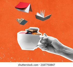 Studying, self-development. Hands aesthetic on bright background, artwork. Concept of community, hobbies, knowledge , symbolism, surrealism. Contemporary art collage modern design