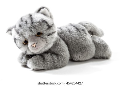 Stuffed Animal Grey Cat Isolated Over White Background