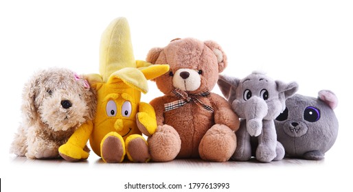 Stuffed animal toys isolated on white background.