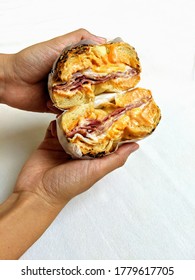 Stuffed Bagel Cut In Half Shot From Top