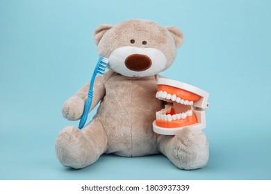 Stuffed Bear Animal With Toothbrush As A Symbol Of Children Dentistry Concept Isolated On Blue