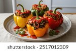 Stuffed Bell Pepper: Vibrant bell peppers packed with a hearty blend of ground beef, rice, and spices, topped with melted cheese and baked until tender and flavorful.