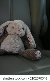 Stuffed Bunny Rabbit Sits On Car Seat.