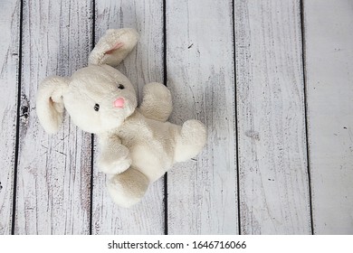 Stuffed Bunny Toy on Wood Background