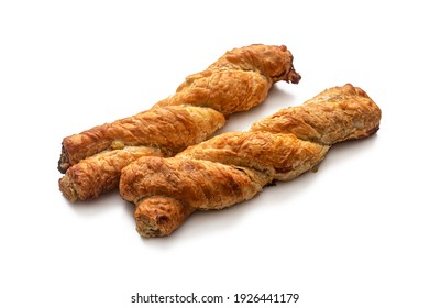 Stuffed buns, in the form of a braided braid, made of puff pastry, with a crisp golden crust, isolated on a white background