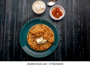 Stuffed Dal Paratha With Curd, Pickle And White Butter 