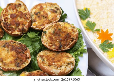Stuffed eggs in shells. Traditional Easter snack. Baked filling with herbs. Savory egg appetizer. Rustic homemade dish. Festive holiday plate. Delicious Polish recipe. Eggs with crispy top.