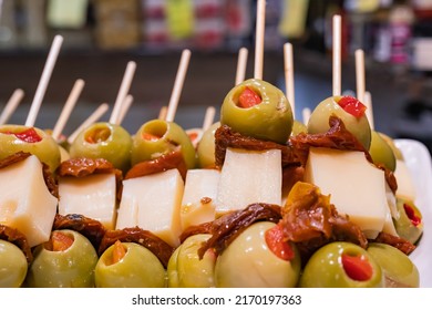 Stuffed Olive And Cheese Brochette, Spanish Gastronomy, Selective Approach Right Side.