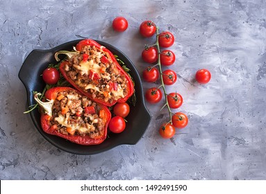 Stuffed peppers minced meat with vegetables in the Mexican style. Bulgarian pepper. The view from the top. The view from the top. National cuisine