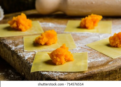 Stuffed pumpkin for tortelloni , Italian pasta, selective focus