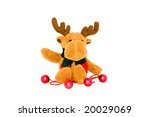 Stuffed reindeer and christmas balls isolated on white