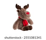 Stuffed reindeer in a cozy pose with a red scarf, featuring adorable antlers and a cheerful expression, perfect for holiday-themed decorations or gifts.