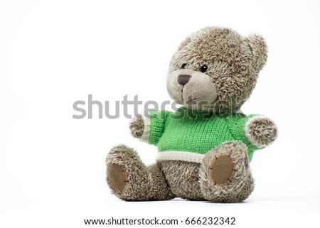 Stuffed toy brown bear in green sweater isolated on white background