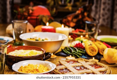Stuffed Turkey for Thanksgiving Holidays with Pumpkins, Peas, Pecan Pie and Various Vegetables and Ingredients - Shutterstock ID 2357955331