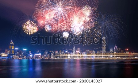 Stunning 3D render featuring a dynamic Hong Kong skyline illuminated by brilliant, colorful fireworks exploding over a waterfront at night.