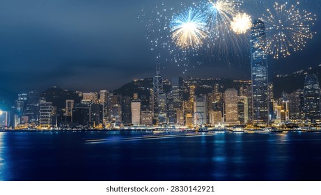 Stunning 3D render featuring the iconic Hong Kong skyline illuminated by spectacular fireworks over the water at night, showcasing a beautiful city backdrop.